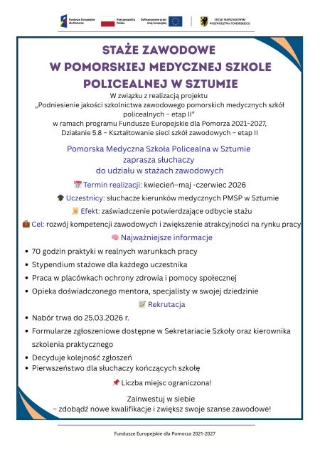 Staże zawodowe dla słuchaczy szkoły